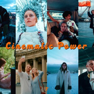 May include: A collage of cinematic images featuring diverse scenes. Includes a person on a rooftop, a woman in a headdress, people in a car, a man on a dock, a woman in a dress, a couple taking a selfie, a woman in a coat, and a person being touched. The text "Cinematic Power" is overlaid.