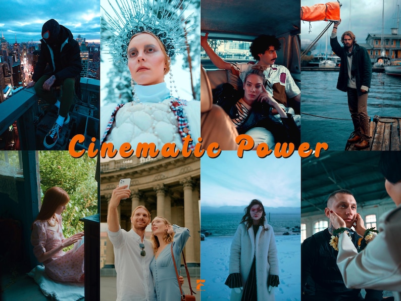 May include: A collage of cinematic images featuring diverse scenes. Includes a person on a rooftop, a woman in a headdress, people in a car, a man on a dock, a woman in a dress, a couple taking a selfie, a woman in a coat, and a person being touched. The text "Cinematic Power" is overlaid.