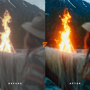 May include: A before and after image of a campfire scene. The "before" image is muted, while the "after" image shows vibrant orange flames. A person wearing a hat is in the foreground, with a mountain and lake in the background. The text "BEFORE" and "AFTER" are visible.