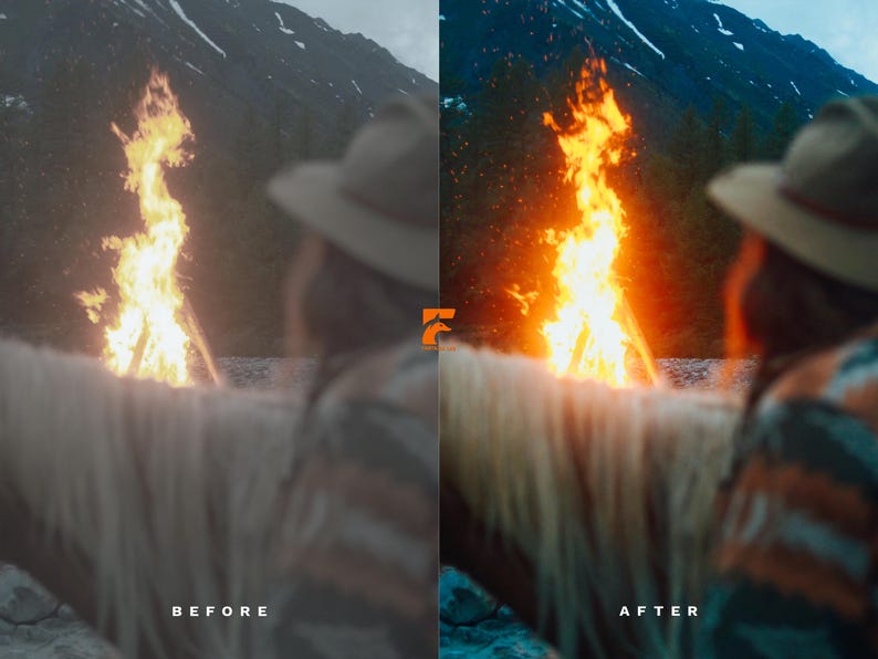 May include: A before and after image of a campfire scene. The "before" image is muted, while the "after" image shows vibrant orange flames. A person wearing a hat is in the foreground, with a mountain and lake in the background. The text "BEFORE" and "AFTER" are visible.