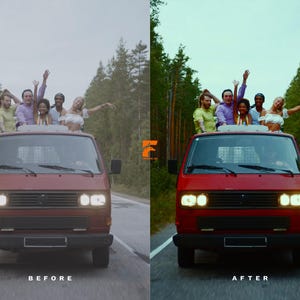 May include: A red van with a group of people standing on top, waving their arms. The van is driving on a road surrounded by trees. The image has the text "BEFORE" and "AFTER" at the bottom.