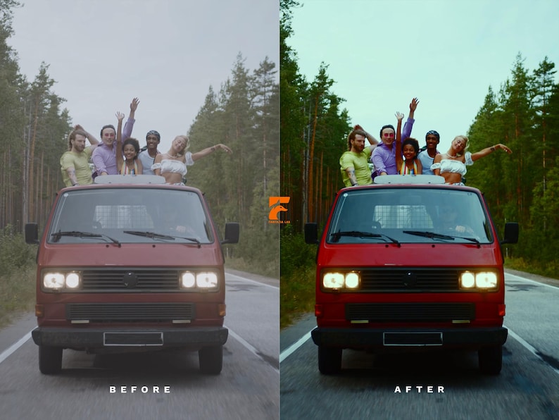May include: A red van with a group of people standing on top, waving their arms. The van is driving on a road surrounded by trees. The image has the text "BEFORE" and "AFTER" at the bottom.