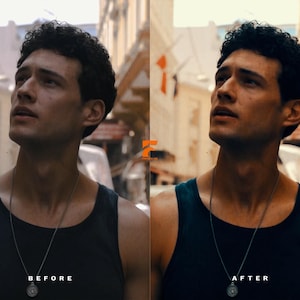 May include: A split image shows a man in a black tank top and a silver pendant necklace. The left side reads "BEFORE" and the right side reads "AFTER". The background is a blurred street scene with buildings and sunlight.
