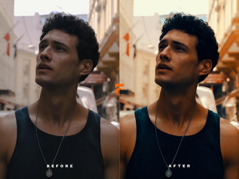 May include: A split image shows a man in a black tank top and a silver pendant necklace. The left side reads "BEFORE" and the right side reads "AFTER". The background is a blurred street scene with buildings and sunlight.