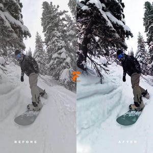 May include: A snowboarder carves down a snowy slope, surrounded by snow-covered evergreen trees. The snowboarder wears a black jacket, gray pants, and a helmet with blue goggles. The image shows a "BEFORE" and "AFTER" comparison.