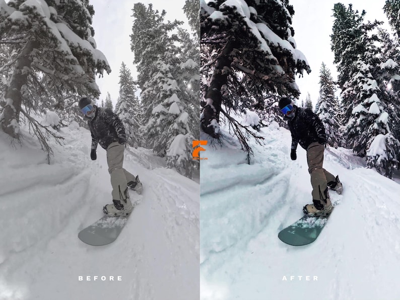 May include: A snowboarder carves down a snowy slope, surrounded by snow-covered evergreen trees. The snowboarder wears a black jacket, gray pants, and a helmet with blue goggles. The image shows a "BEFORE" and "AFTER" comparison.