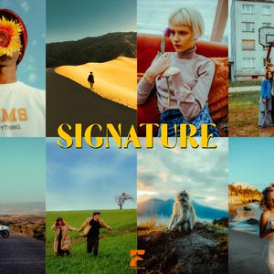 May include: A collage of eight photographs featuring a person with a sunflower face, a desert landscape, a person holding a tulip, a couple by a basketball hoop, a motorcyclist, a couple running in a field, a monkey, and a person on a beach.