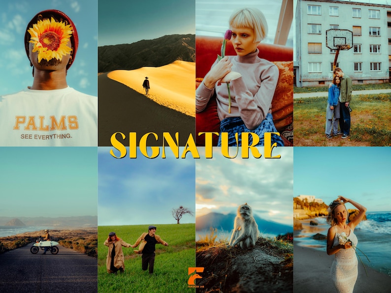 May include: A collage of eight photographs featuring a person with a sunflower face, a desert landscape, a person holding a tulip, a couple by a basketball hoop, a motorcyclist, a couple running in a field, a monkey, and a person on a beach.