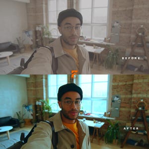 May include: A person wearing glasses, a black beanie, and a tan jacket, posing for a selfie. The image is split, with "BEFORE" and "AFTER" text, showcasing a color correction effect. The person is in a room with a brick wall and a window.