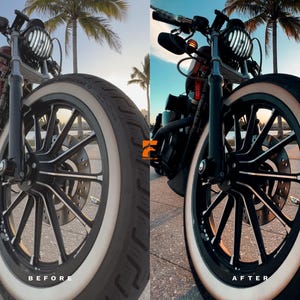 May include: A black motorcycle with a white-walled tire and a black rim. The motorcycle has a round headlight and is parked on a paved surface. The sky is blue with palm trees in the background. The text "BEFORE" and "AFTER" are visible.