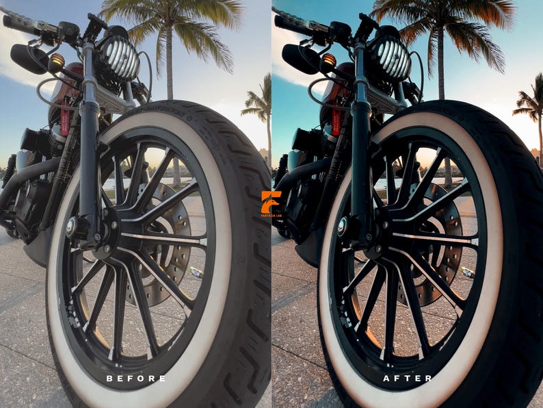 May include: A black motorcycle with a white-walled tire and a black rim. The motorcycle has a round headlight and is parked on a paved surface. The sky is blue with palm trees in the background. The text "BEFORE" and "AFTER" are visible.