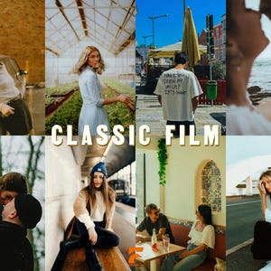 May include: A collage of lifestyle images with a vintage aesthetic. The images feature people in various settings, including outdoor and indoor scenes. The text "CLASSIC FILM" is overlaid on the images, suggesting a theme of classic photography or film.