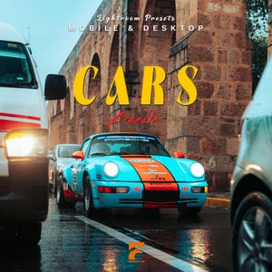 May include: A classic blue and orange Porsche race car with sponsor stickers, driving on a wet road. The image includes the text "CARS Bundle" and "Lightroom Presets MOBILE & DESKTOP".