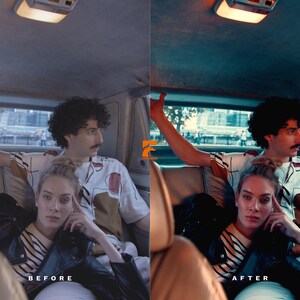 May include: A before and after image of a car interior with two people. The before image has a neutral color palette, while the after image has a teal and orange color palette. The people are wearing casual clothing.