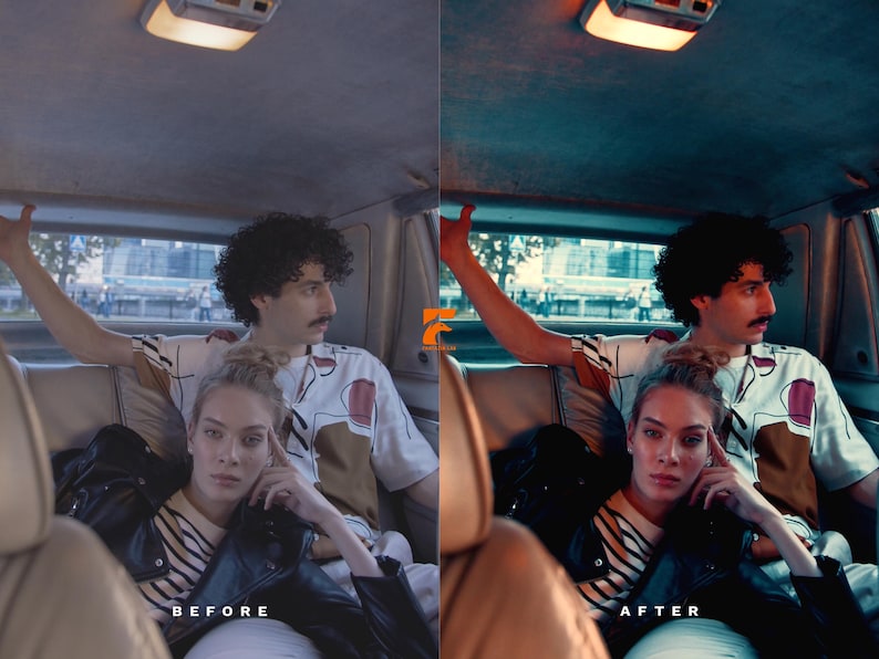 May include: A before and after image of a car interior with two people. The before image has a neutral color palette, while the after image has a teal and orange color palette. The people are wearing casual clothing.