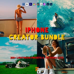 May include: A digital product bundle titled IPHONE CREATOR BUNDLE featuring 200+ LIGHTROOM PRESETS & 100 VIDEO LUTS. The graphic displays four distinct photographic scenes including a person on a boat, a surfer, a car, and a person eating.