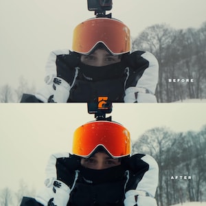 May include: A person wearing orange-tinted ski goggles and a black and white winter jacket. A small camera is mounted on top of the goggles. The image is split, with "BEFORE" and "AFTER" text, and a logo.