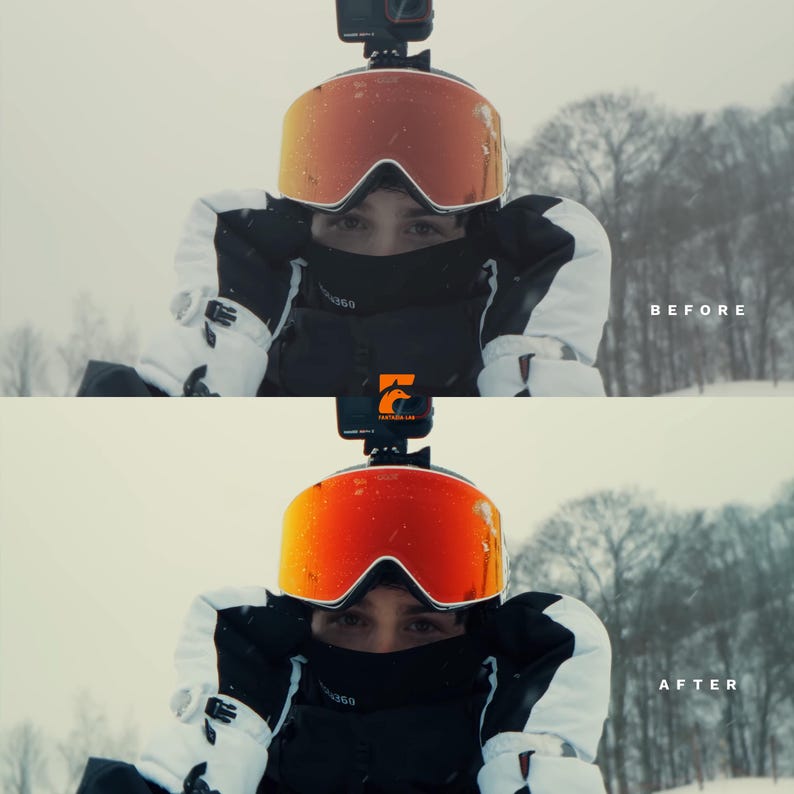 May include: A person wearing orange-tinted ski goggles and a black and white winter jacket. A small camera is mounted on top of the goggles. The image is split, with "BEFORE" and "AFTER" text, and a logo.