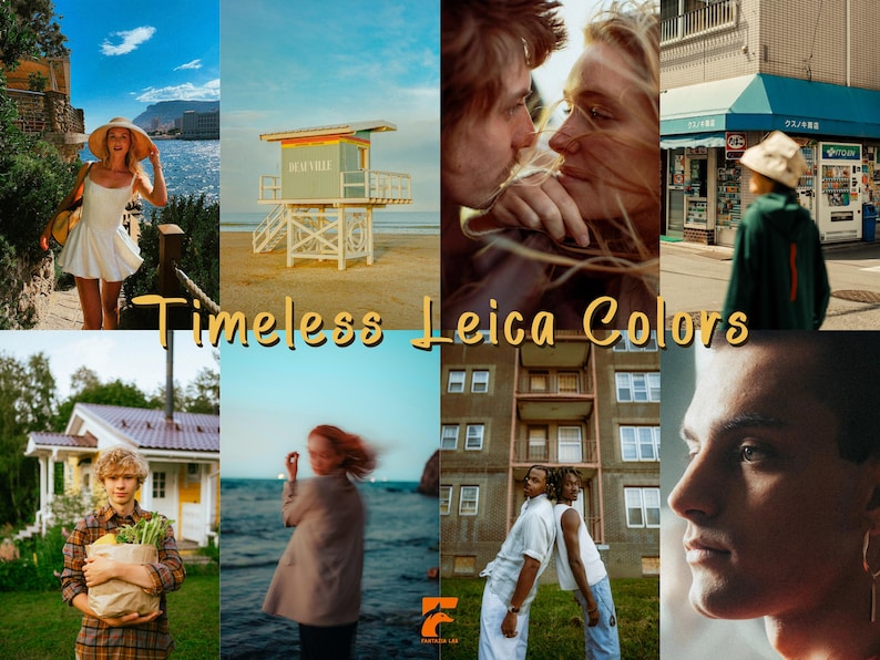 May include: A collage of eight photographs featuring diverse scenes including a person in a white dress, a lifeguard tower, a close-up of two people, a street view, a person holding groceries, a blurred figure by the sea, two people standing, and a portrait, with the text Timeless Leica Colors.