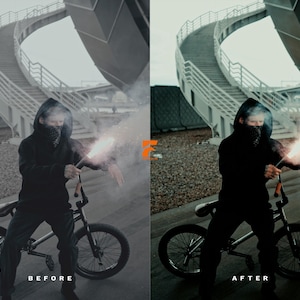 May include: A person in a black hoodie and bandana sits on a BMX bike, holding a lit sparkler. The background features a modern architectural structure with a spiral staircase and the text "BEFORE" and "AFTER".