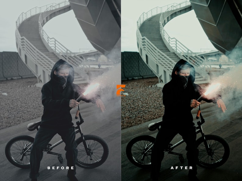 May include: A person in a black hoodie and bandana sits on a BMX bike, holding a lit sparkler. The background features a modern architectural structure with a spiral staircase and the text "BEFORE" and "AFTER".