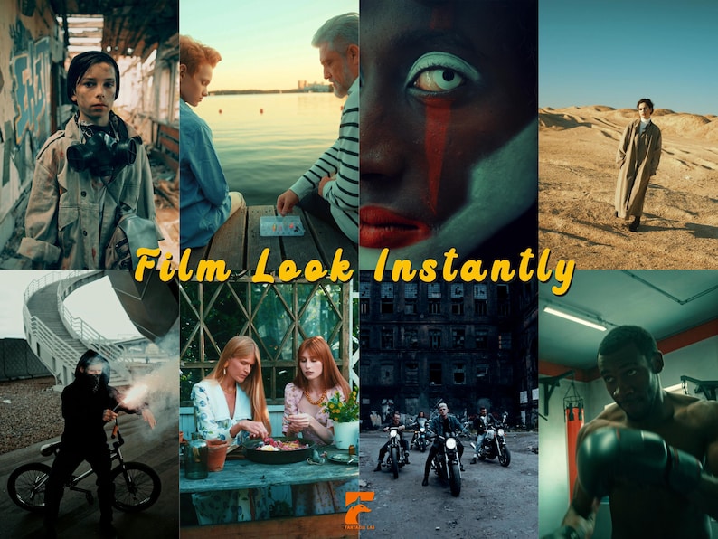May include: A collage of eight cinematic scenes featuring diverse individuals in various settings, including a desert, a gym, and a city, with the yellow text Film Look Instantly centered across the middle of the image.