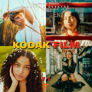 May include: A collage featuring four images with the text "Lightroom Presets MOBILE & DESKTOP" and "KODAK FILM". The images include portraits of people and a store interior. The bottom left image has the text "V.2".