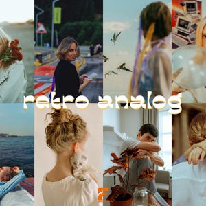 May include: A collage of eight images with a retro aesthetic. The images feature people, nature, and objects, with a warm, vintage color palette. The text "retro analog" is overlaid in a gold font.
