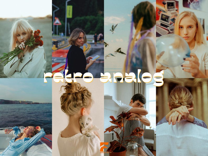 May include: A collage of eight images with a retro aesthetic. The images feature people, nature, and objects, with a warm, vintage color palette. The text "retro analog" is overlaid in a gold font.