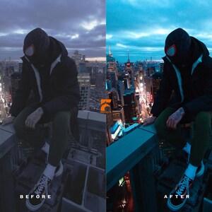 May include: A person wearing a black hooded jacket, green pants, and sneakers, sitting on a rooftop overlooking a cityscape. The person is wearing a mask with red accents. The image has the text "BEFORE" and "AFTER".