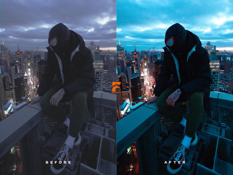May include: A person wearing a black hooded jacket, green pants, and sneakers, sitting on a rooftop overlooking a cityscape. The person is wearing a mask with red accents. The image has the text "BEFORE" and "AFTER".