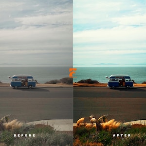 May include: A blue and white vintage van parked on a coastal road, with the ocean and sky in the background. The image shows a "before" and "after" comparison of a photo, with the text "BEFORE" and "AFTER" at the bottom.