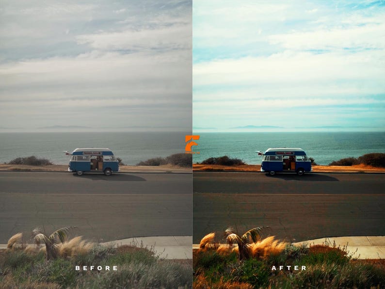 May include: A blue and white vintage van parked on a coastal road, with the ocean and sky in the background. The image shows a "before" and "after" comparison of a photo, with the text "BEFORE" and "AFTER" at the bottom.