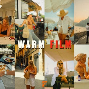 May include: A collage of lifestyle images with a warm, vintage aesthetic. Scenes include people dining, traveling, and enjoying leisure activities. The text "WARM FILM" is prominently displayed.