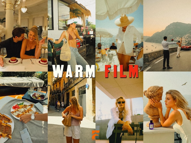 May include: A collage of lifestyle images with a warm, vintage aesthetic. Scenes include people dining, traveling, and enjoying leisure activities. The text "WARM FILM" is prominently displayed.