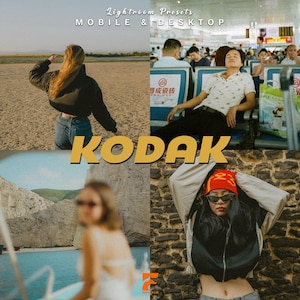 May include: Promotional image for Lightroom presets, featuring four lifestyle photos with a vintage aesthetic. The word "KODAK" is prominently displayed in a yellow, retro font. Text at the top reads "Lightroom Presets MOBILE & DESKTOP."