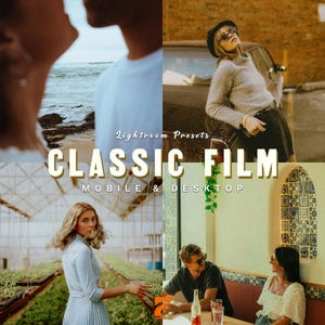 Könnte beinhalten: Eine digitale Produktanzeige mit vier verschiedenen fotografischen Szenen in Vintage-Film-Ästhetik. Der Text lautet Lightroom Presets CLASSIC FILM MOBILE & DESKTOP. Die Bilder zeigen ein Paar am Meer, eine Person, die sich an ein Auto lehnt, eine Person in einem Gewächshaus und zwei Personen, die an einem Tisch sitzen.