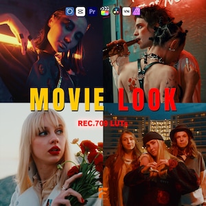 May include: A four-panel image with the text "MOVIE LOOK" in yellow and red. The image features diverse individuals in cinematic settings, with a focus on visual aesthetics and color grading. The text "REC.709 LUTS" is also visible.