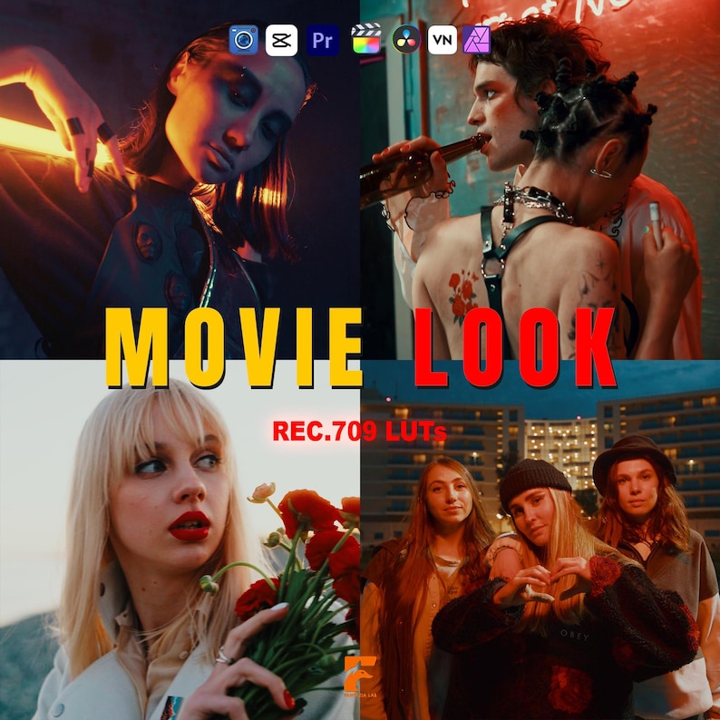 May include: A four-panel image with the text "MOVIE LOOK" in yellow and red. The image features diverse individuals in cinematic settings, with a focus on visual aesthetics and color grading. The text "REC.709 LUTS" is also visible.