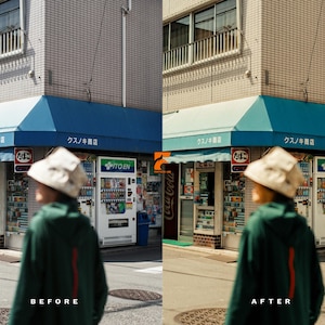 May include: A street scene featuring a building with a blue awning and Japanese text. A Coca-Cola sign is visible. The image has a "Before" and "After" comparison, with a person in the foreground wearing a green jacket and a hat.