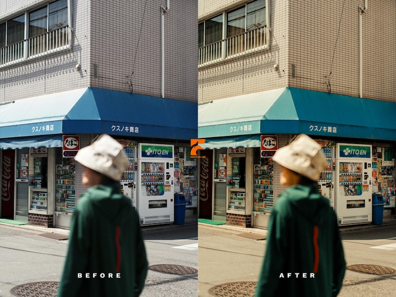 May include: A street scene featuring a building with a blue awning and Japanese text. A Coca-Cola sign is visible. The image has a "Before" and "After" comparison, with a person in the foreground wearing a green jacket and a hat.