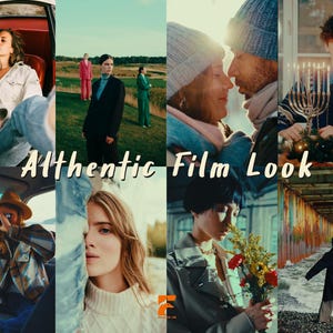 May include: A collage of images with the text "Authentic Film Look." The images feature people in various settings, including a car, outdoors, and indoors. The images have a cinematic feel, with a focus on fashion and lifestyle.