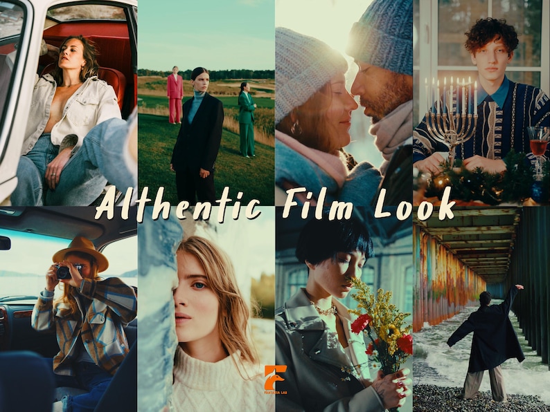 May include: A collage of images with the text "Authentic Film Look." The images feature people in various settings, including a car, outdoors, and indoors. The images have a cinematic feel, with a focus on fashion and lifestyle.