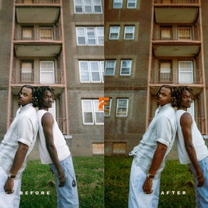 May include: Two people stand back-to-back in front of a brick building. One wears a white shirt and pants, the other a white tank top and blue jeans. The image has the text "BEFORE" and "AFTER" at the bottom.