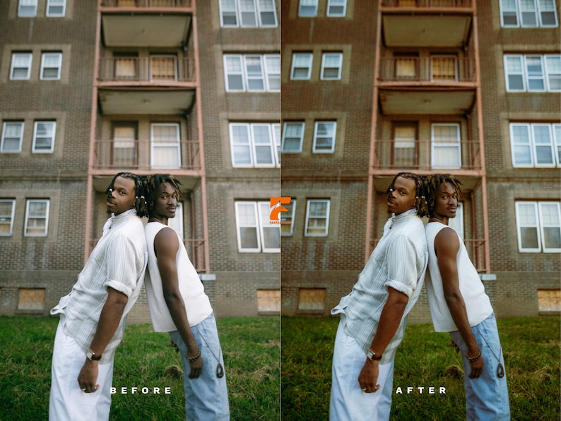 May include: Two people stand back-to-back in front of a brick building. One wears a white shirt and pants, the other a white tank top and blue jeans. The image has the text "BEFORE" and "AFTER" at the bottom.