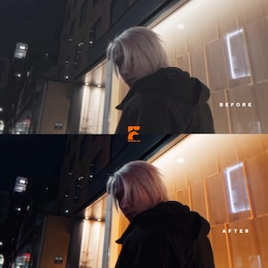 May include: A split-screen image showing a person with white hair in a dark jacket, looking over their shoulder. The top half is labeled "BEFORE", the bottom "AFTER". A logo for "Fantasia Lab" is in the center.