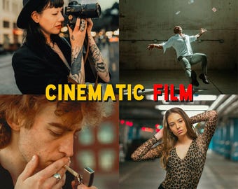 May include: A collage featuring four images with a cinematic theme. The top left shows a person with tattoos holding a camera. The top right shows a person in the air with playing cards. The bottom left shows a person lighting a cigarette. The bottom right shows a person in a leopard print top. Text reads "CINEMATIC FILM".