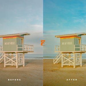 May include: A light green elevated lifeguard station on a sandy beach with white railings and stairs. The structure features the word DEAUVILLE in white lettering on the side, with a yellow and red horizontal stripe above it, set against a blue sky.