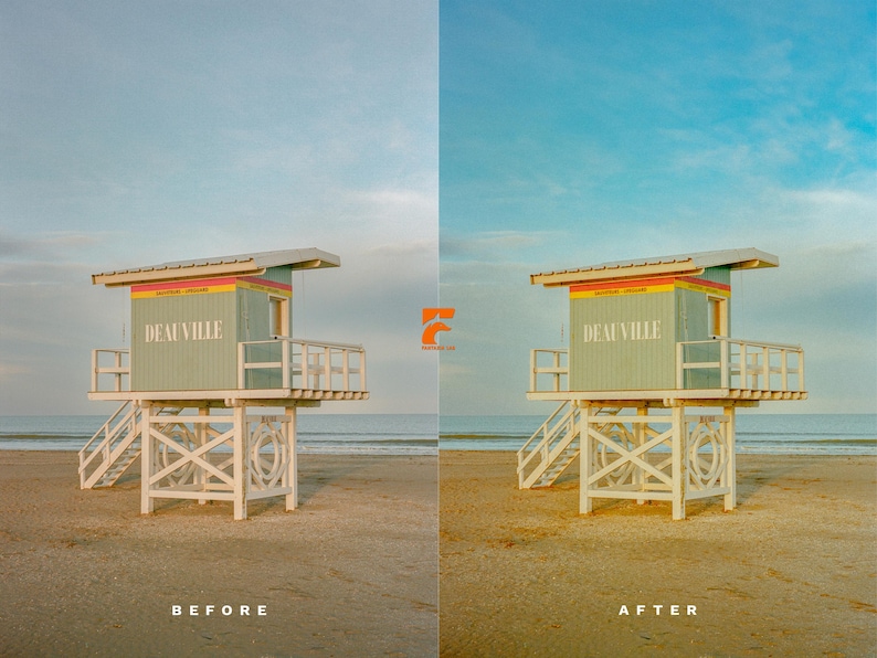 May include: A light green elevated lifeguard station on a sandy beach with white railings and stairs. The structure features the word DEAUVILLE in white lettering on the side, with a yellow and red horizontal stripe above it, set against a blue sky.