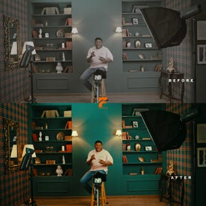 May include: A before-and-after image of a video recording setup. The top half shows a room with bookshelves, lamps, and a person seated in front of a camera. The bottom half shows the same scene with enhanced colors and lighting. The text "BEFORE" and "AFTER" are visible.